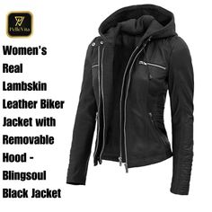 Elevate your style with the Blingsoul Leather Jacket for women, crafted from luxurious real lambskin leather for a premium feel and exceptional durability. This mid-length black biker jacket features a sleek zip-up closure and a removable hood, giving you versatility for any occasion. Perfect for casual outings, workwear, or special events, this jacket transitions effortlessly between seasons, from winter to spring and fall. Designed with long sleeves, meticulous stitching details, and a smooth Leather Biker Jacket With Double-lined Hood, Winter Biker Jacket With Double-lined Hood, Fitted Biker Leather Jacket With Detachable Hood, Fitted Biker Jacket With Detachable Hood, Womens Leather Jackets, Leather Jacket For Women, Black Biker Jacket, Real Leather Jacket, Black Zip Ups