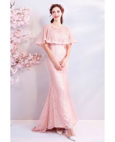 Buy Elegant Pink Long Lace Mermaid Wedding Party Dress With Cape Sleeves at wholesale price online. Free shipping and pro custom service since 2009. Banquet Dress For Prom Season With Mermaid Hem, Mermaid Hem Dress For Prom Season Banquet, Mermaid Hem Dress For Banquet And Prom Season, Mermaid Hem Dress For Banquet And Prom, Fitted Mermaid Dress For Banquet, Mermaid Banquet Dress With Sweep Train, Pink Mermaid Dress With Fitted Bodice For Banquet, Fitted Bodice Wedding Dress With Mermaid Hem For Parties, Mermaid Hem Wedding Dress With Fitted Bodice For Party