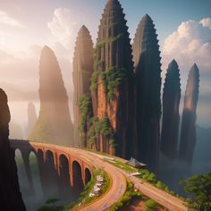 an image of a road going through the mountains with tall rocks on each side and a bridge in the middle