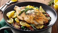 a pan filled with chicken, lemons and vegetables on top of a wooden table