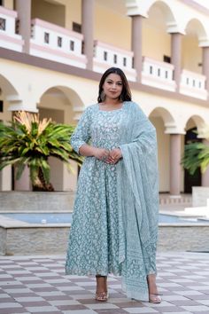 Festival Dress, Wedding Dress For Women, plus size indian wear, Kurta with dupatta, large size Suit Set | plus size indian clothes | plus size kurti for woman PRODUCT DETAILS: Fabric:-Cotton Print:-  All-Over Floral Print Style:-  Anarkali Kurta Dupatta Set DESIGN DETAILS: Grey Pure Cotton Embroidered Traditional Floral Block Print Beautiful Embroidered Yoke Pattern With Gota Lack Border Gota Patti Lace Placed On Kurti Sleeves and Ham Line ■ SIZE CHART:- SIZE 3XL Bust: 46" Waist: 44" Hip: 50' SI Turquoise Embroidered Dupatta For Diwali, Embroidered Turquoise Dupatta For Diwali, Bollywood Style Turquoise Dupatta With Resham Embroidery, Semi-stitched Turquoise Anarkali Set With Zari Work, Turquoise Salwar Kameez With Dupatta For Wedding, Turquoise Anarkali Set With Zari Work, Semi-stitched, Traditional Turquoise Dresses For Diwali, Anarkali Style Turquoise Lehenga For Eid, Turquoise Semi-stitched Anarkali Set With Zari Work