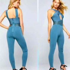 Ebe Bandage Bodycon Jumpsuit Aegean Blue Size Small S Halter Crisscross Jumpsuit Rare New With Tags Blue Fitted High-waist Jumpsuits And Rompers, Chic Light Blue Fitted Jumpsuits And Rompers, Chic Fitted Light Blue Jumpsuits And Rompers, Suede Jumpsuit, Tube Top Jumpsuit, Pink Corduroy Jacket, Pinstripe Jumpsuit, Aegean Blue, Bandage Jumpsuits