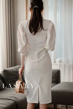 Lasaky - Elegant Lantern Sleeve Long Dress with V-Neck and Pleated Skirt - Flattering Slim-Fit Design Elegant Puff Sleeve Bodycon Dress For Brunch, Sleeve Long Dress, Wrap Around Skirt, Home Dress, Mid Length Skirts, Lantern Sleeve, Lantern Sleeves, Types Of Skirts, Types Of Collars