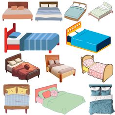 a bunch of different types of beds and pillows