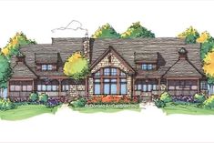 this is an artist's rendering of the front elevation of these country house plans