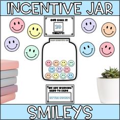 an incenttive jar with smiley's on it next to some books and a potted plant