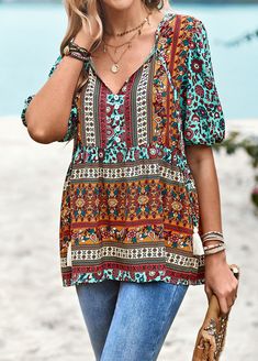 Women's Bohemian Blouse V-Neck Floral Print Shirt Top Bohemian V-neck Blouse With Boho Print, Fall Bohemian V-neck Blouse, Bohemian V-neck Top With Boho Print, Summer Bohemian V-neck Blouse, Patterned Printed V-neck Blouse, Bohemian V-neck Peasant Top With Floral Print, Bohemian V-neck Printed Blouse, Bohemian Printed V-neck Tops, Colorful V-neck Top For Vacation