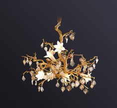 a gold chandelier with white flowers and crystal drops hanging from it's center