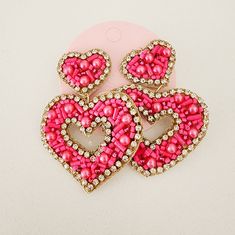 New Beaded Statement Heart Earrings Pink Beaded Heart Earrings For Valentine's Day, Pink Beaded Heart Earrings For Party, Pink Heart Beads Earrings For Valentine's Day, Pink Dangle Beaded Earrings For Valentine's Day, Pink Heart Beads Earrings For Party, Heart Shaped Beaded Earrings For Party, Pink Heart-shaped Beaded Earrings For Parties, Pink Heart-shaped Beaded Earrings, Vintage Silver Earrings