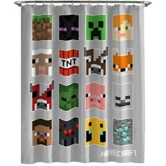 the shower curtain is decorated with pixel characters