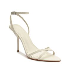 Claudia Nappa Leather Sandal - 8.5 / Pearl / Nappa Leather Heel Height: 3.97in | 101mm Formal Faux Leather Sandals With 4-inch Heel, Elegant Sandals With Wrapped Heel In Faux Leather, Elegant Faux Leather Sandals With Pointed Toe, Elegant Pointed Toe Faux Leather Sandals, Elegant Faux Leather Sandals With Wrapped Heel, White Ankle Strap Heels In Faux Leather, Modern Faux Leather Sandals For Formal Occasions, Formal Synthetic Heels With Single Toe Strap, Modern Formal Faux Leather Sandals