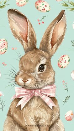 a painting of a rabbit wearing a pink bow tie and surrounded by eggs on a blue background