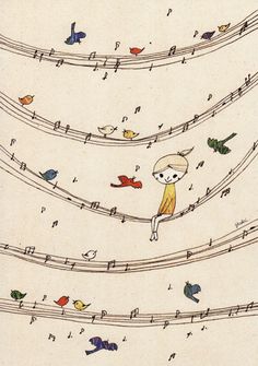 a drawing of birds flying over musical notes