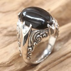 Sterling waves embrace a sleek black gemstone that evokes night shadows. Featuring polished onyx this dramatic ring is a creation of Nyoman Rena. .925 Sterling silver Best Friend Jewelry, Accessories Diy Jewelry, Jewelry Model, Silver Jewelry Rings, Onyx Ring, Creative Jewelry, Favorite Rings, Opal Jewelry, Handmade Sterling Silver