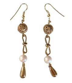 3" Long Gold Tone Filigree Round Hollow Ball Beads, Connectors, Faux Pearls with Teardrop Ends French Wire Earrings Round Open Filigree Gold Tone Ball Beads with Gold Connectors, Faux Pearls & Gold Teardrop Ends Earrings Measure 3" Long x 3/8" Wide at Round Filigree Ball Beads Faux Pearls are Natural Pearl Color Gold Tone French Wire Pierced Earrings  Light Weight Earrings New Vintage From the 1990's Imported COMPLIMENTARY DOMESTIC SHIPPING Elegant Metal Chandelier Earrings With Adjustable Fit, Elegant Metal Adjustable Chandelier Earrings, Elegant Metal Beaded Earrings With Round Beads, Elegant Round Beaded Metal Earrings, Elegant Metal Pearl Earrings With Dangling Beads, Adjustable Pearl Drop Beaded Earrings, Elegant Beaded Metal Pearl Earrings, Elegant Gold Beaded Earrings, Elegant Metal Teardrop Beaded Earrings