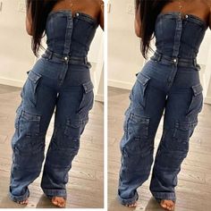 Denim Button Closure Strapless Cargo Jumpsuit Multiple Pockets Wide Leg Shein Woman Outfits, Customized Dickie Suit Women, Cargo Jumpsuit Outfit Black Women, Denim Romper Outfit Ideas, Tube Top Jumpsuit Outfit, Jean 2 Piece Set, Fitted Cargo Jeans With Pockets In Denim Blue, Fitted High Rise Cargo Jeans For Summer, Fitted Blue Pants With Button Zip Fly