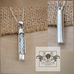 two pictures of the same pendant on a piece of fabric, one with an engraved message