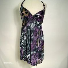 Christina Love Purple & Black Stretch Halter Mini Knee Length Island Resort Cruise Travel Honeymoon Vacation Staycation Beach Wedding Bridal Dress With Wood Tahiti Beads New With Tags Various Junio Sizes. Retail $50 Now Only $25. Free Bonus Gift With Purchase. Purple V-neck Sundress For The Beach, Purple V-neck Beach Sundress, Purple Floral Print Sundress For Beach, Purple Summer Sundress For Parties, Purple Mini Sundress For The Beach, Purple Mini Sundress For Vacation, Purple Fitted Sundress For Beach, Purple Fitted Sundress For The Beach, Fitted Purple Sundress For The Beach