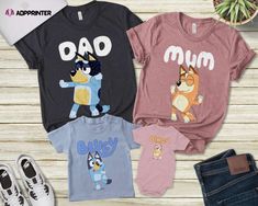 three children's tshirts with the words dad and baby printed on them