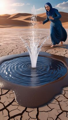 a woman in a blue dress splashing water into a puddle with sand dunes behind her