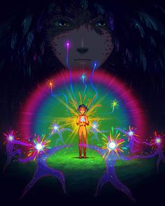 a person standing in front of a rainbow light