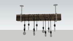 a wooden beam with several lights hanging from it's sides and chains attached to the ends