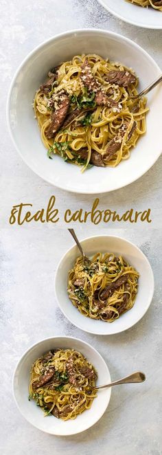 three white bowls filled with pasta and meat