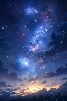 the sky is filled with stars and clouds