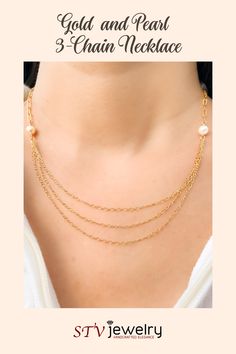 A modern layered look in one single necklace! The top part of the necklace is a single strand of a paperclip chain, and the bottom portion consists of three varying lengths of cable chain. Two white round freshwater pearls and two freshwater rice pearls complete the look! #trendygoldnecklace #layerednecklaces #handmadegoldjewellery #chainnecklacewomen #mixedchainnecklace Delicate Pearl Chain Necklace For Layering, White Multi-strand Double Chain Necklace, Multi-strand Paperclip Chain Necklace, Everyday White Double Chain Necklace, Everyday White Cable Chain Necklace, Dainty White Chain Necklace For Layering, White Delicate Chain Necklace For Layering, White Double Strand Layered Necklace With Delicate Chain, White Multi-strand Layered Necklace With Adjustable Chain