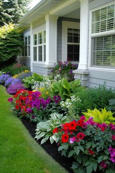 colorful flowers line the side of a house's front yard, with white trim and windows