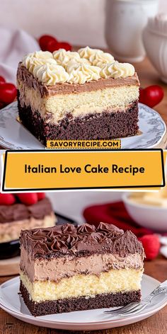 two slices of cake sitting on top of plates with the words italian love cake recipe