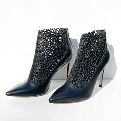 Never Worn Out Of The House Jimmy Choo Maurice Black Leather Heeled Booties With Laser Cutouts. They Are Sophisticated, Edgy And Chic. Laser Cutout, Black Leather Heels, Jimmy Choo Shoes, Ankle Booties, Jimmy Choo, Heeled Boots, The House, Black Leather, Boots