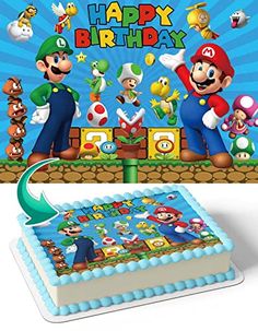 a birthday cake with an image of mario and other characters on the top, along with a happy birthday banner