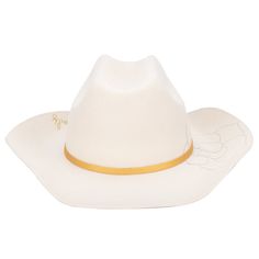 Say I do with this beautiful white cowboy made for any trendy Bride. Your look will be complete with lots of love and this perfect hat to match any dress. Perfect for engagement photos and any event you have! Features : Brim Size: 3.5" 100% wool Women's one size Wool felt cowboy with faux leather band, silver embroidered rose & gold "love never fails" embroidery White Hat Bands For Kentucky Derby Country Events, Country Style White Hat Bands For Kentucky Derby, Custom White Hat For Rodeo, White Hats For Western-themed Events, Elegant White Hat Bands For Rodeo, Elegant White Hat Band For Rodeo, Fitted White Hat Bands For Country Events, Custom White Rodeo Hat, White Fitted Hat Bands For Country Events