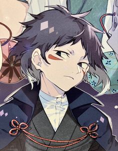 an anime character with black hair wearing a blue jacket and bow tie, looking at the camera