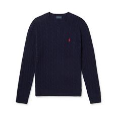 It's hard to resist a classic navy sweater and this one from Polo Ralph Lauren is one of the finest. It's cable-knitted from wool and cashmere-blend and embroidered with contrasting stitching at the chest. Channel the label's preppy design codes and team with chinos. Navy Classic Long Sleeve Sweater, Classic Navy Long Sleeve Sweater, Navy Cable Knit Sweater For Winter, Long Sleeve Merino Wool Cable Knit Polo Sweater, Classic Long Sleeve Cable Knit Polo Sweater, Navy Cable Knit Sweater For Fall, Classic Navy Knitted Sweater, Classic Cable Knit Polo Sweater, Wool Cable Knit Long Sleeve Polo Sweater