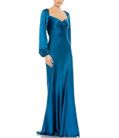 Mac Duggal Sweetheart Neckline Long Sleeve Empire Waist Satin Gown | Dillard's Satin Formal Gown, Puff Sleeve Gown, Charmeuse Fabric, Short Dress Styles, Exquisite Gowns, Prom Long, Designer Prom Dresses, Blue Gown, Satin Gown