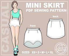 a women's shorts sewing pattern with the front and back view of the skirt