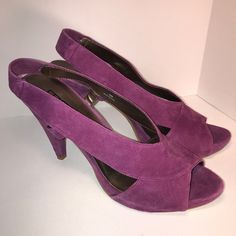 Fantastically Colored Orchid Heels. These Are Real Eye Catchers With A 4-1/4” Heel And 1/2” Platform. Pristine Condition-Never Worn Purple Ankle Strap Sandals Fitted, Fitted Purple Sandals With Ankle Strap, Pink Suede Open Toe Heels, Purple Sandals With 4-inch Heel And Pointed Toe, Fitted Purple Sandals With Round Toe, Fitted Suede Sandals For Spring, Purple Open Toe Sandals With 4-inch Heel, Summer Purple Slingback Heels, Spring Suede Heels With 4-inch Heel