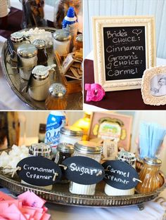 there are pictures of different items on the table and in front of them is a sign that says bride's choice cinnamon creme