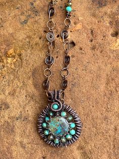 Round Arizona Turquoise copper pendant Arizona Turquoise, Copper Pendant, Copper Pendants, Czech Beads, Turquoise Beads, Beaded Pendant, Pendant Necklaces, Arizona, Handmade Items