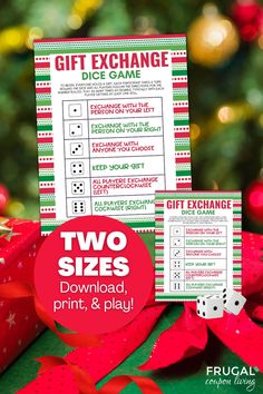 two christmas games with the text, gift exchange dice game and matching printables