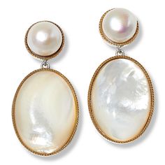 Colleen Lopez Cultured Pearl and Mother-of-Pearl Oval Drop Earrings  Add a touch of sophisticated style to any outfit with these shimmering mother-of-pearl drop earrings. Oval drops, topped with pretty pearls and embellished with goldtone accents, are sure to make any occasion seem extra-special!       Approx. 1-11/16"L x 13/16"W     Stamped .925; rhodium plating; goldtone accents     Pierced with clutch backs     Earrings have oval-shaped drops of white, mother-of-pearl     Drops connect to rou Formal White Gold Mother Of Pearl Earrings, Luxury Formal Pearl Earrings With Mother Of Pearl, Luxury Mother Of Pearl Earrings For Formal Occasions, Luxury Oval Jewelry For Opera, Oval High Luster Pearl Earrings For Formal Events, High Luster White Pearl Earrings For Evening, White High Luster Pearl Earrings For Evening, Luxury White Oval Earrings, Formal High Luster Oval Pearl Earrings