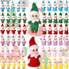 an assortment of small christmas elves with different colors and sizes, including one elf's head