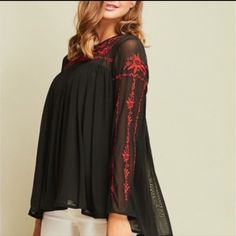 Entro Black Flowy Long Sleeve Boho Blouse With Red Floral Embroidery. Size S. Brand New With Tags But Flawed: Top Button On The Back Is Missing. Shirt Does Come With An Extra Button Though, So You Can Just Stitch It On And It's Good To Go. Sheer Arms And Shoulders. Lined On The Chest And Down. Red Floral Embroidery On The Arms And Collar. Flowy Shape. Very Pretty Top. Great Piece For The Fall And Spring. Flowy Long Sleeve Blouse With Floral Embroidery, Festive Black Embroidered Top With Floral Details, Festive Black Embroidered Floral Top, Festive Black Floral Embroidered Top, Festive Black Tops With Intricate Embroidery, Black Long Sleeve Top With Intricate Embroidery, Black Bohemian Blouse With Embroidered Sleeves, Elegant Black Embroidered Summer Top, Spring Party Tops With Embroidered Sleeves