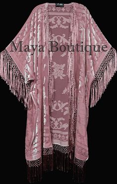 Rose Quarz Fringe Jacket Kimono Duster Silk Burnout Velvet Maya Matazaro Plus(BoutiqueMaya) Velvet Fringe, Opera Coat, Serenity Blue, Body Accessories, Bohemian Kimono, Fringe Kimono, Kimono Duster, Burnout Velvet, Custom Shades