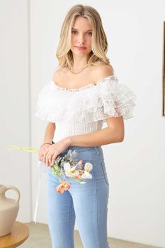 🖤 Flaunt your unique style in this white Ruffle Lace Smocked Off Crop Top! The ruffle and lace details add a touch off whimsy to this smocked neckline top. Perfect for a flirty, playful look. 🖤 Item Feature: off shoulder, lace ruffle, crop, smocked, romantic, chic, girly, trendy, must have. Ruffle Crop Top, Lace Ruffle, White Crop Top, Wholesale Clothing, Lace Detail, Smocking, Unique Style, Must Haves, Off Shoulder