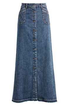 This everyday jean skirt is updated in a longline silhouette with front patch pockets. 38 1/2" center front length (size 29) Unlined 95% cotton, 4% polyester, 1% spandex Machine wash, tumble dry Imported Denim Maxi Skirt Winter, Blue Cotton Denim Skirt With Five Pockets, Maxi Skirt Winter, Teacher Fits, Denim Button Skirt, Long Jean Skirt, Imperial Blue, Character Clothing, Normal Clothes