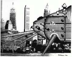 an artistic drawing of a giant structure in the middle of a city with tall buildings