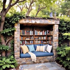 a couch sitting in the middle of a garden with bookshelves and plants around it